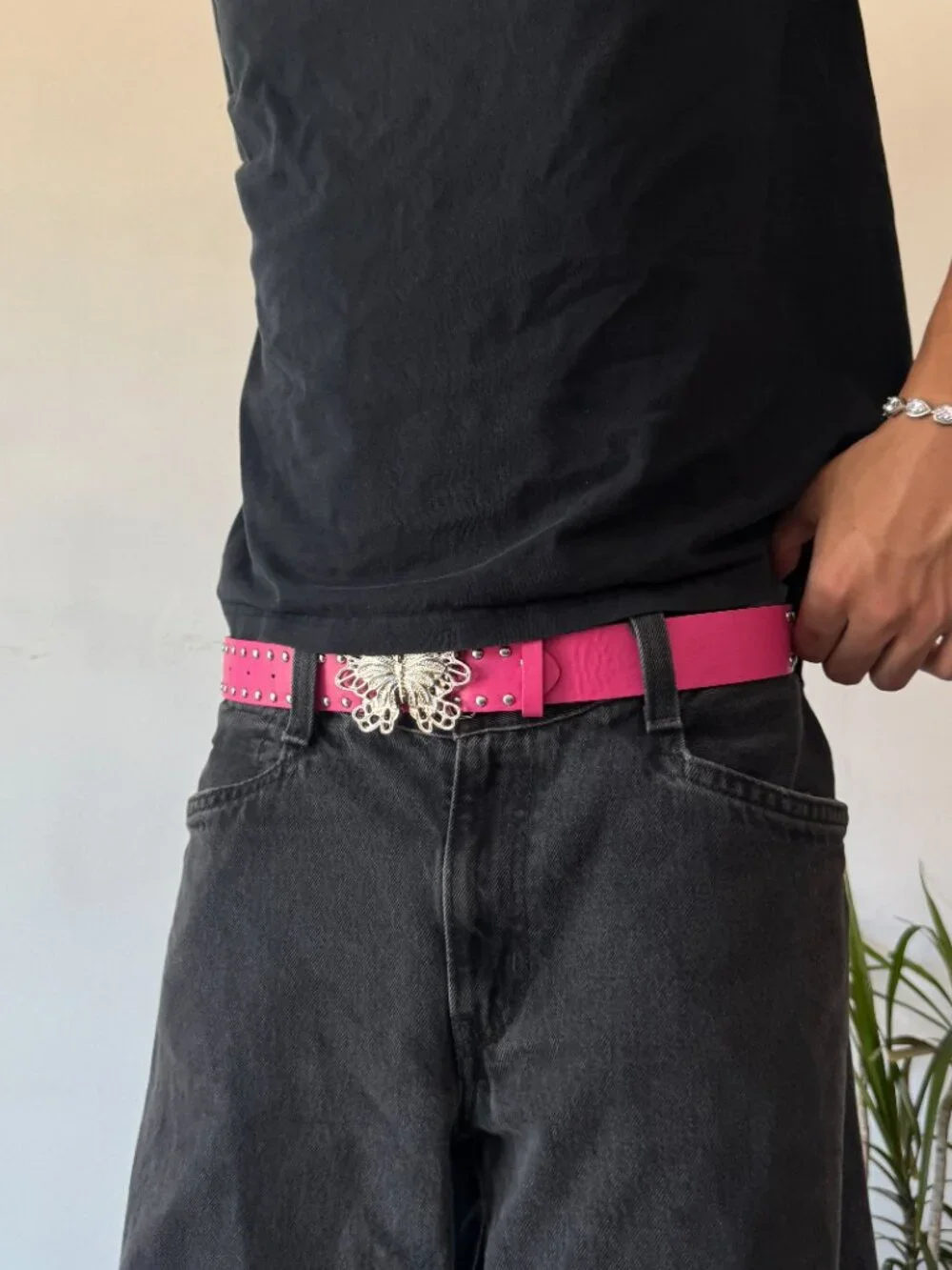 Hot Pink Rhinestone Butterfly Buckle Belt